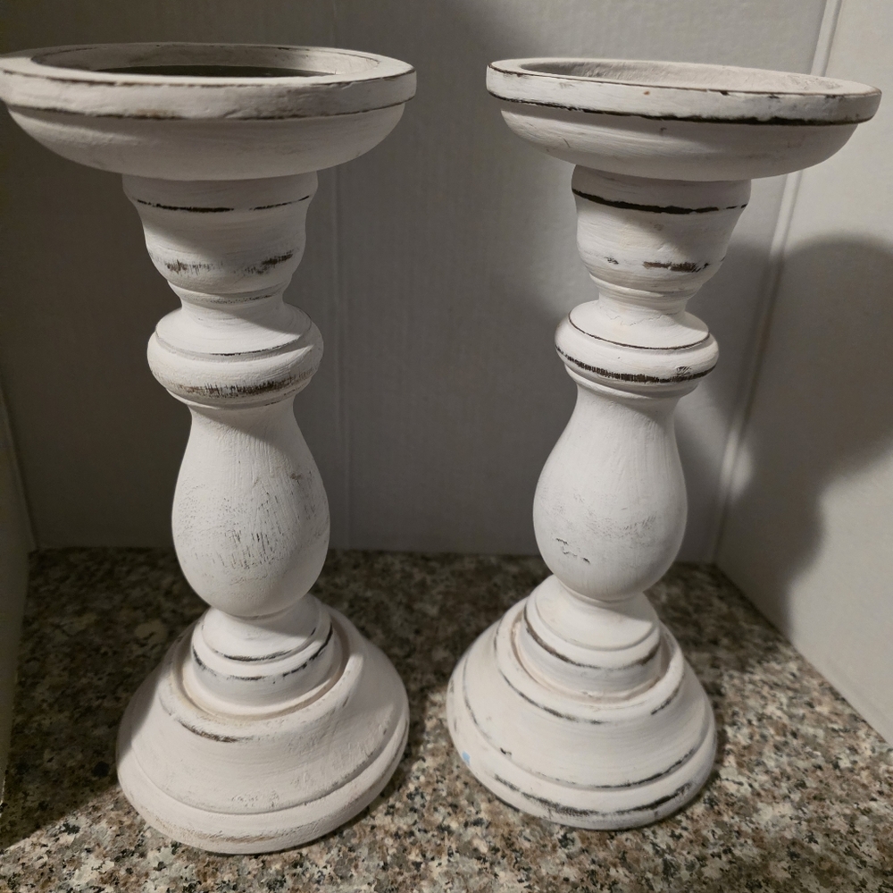 Like New Distressed White Pillar Candle Holders